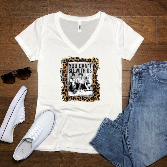 You can't sit with us with leopard background on v-neck tee - Neselle Boutique