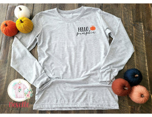 Hello Pumpkin pocket design - white or grey long sleeve - Neselle Boutique